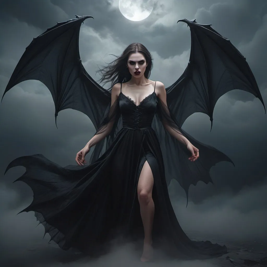 Prompt: full body evil vampire woman entangled in a dark mist spiral, attractive evil vampire woman with bat wings entangled in a dark mist spiral, beautiful evil face, fully clothed wearing black dress, floating in the sky, fantasy, high detail, realistic photo, high detail, digital painting, cinematic, stunning, hyper-realistic, sharp focus, high resolution 8k, insanely detailed