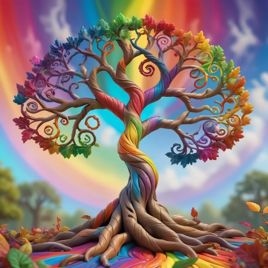 Prompt: colorful gnarled tree of life, spiral colors in the background, rainbow leaves, hyper-detailed, photorealistic 8k max