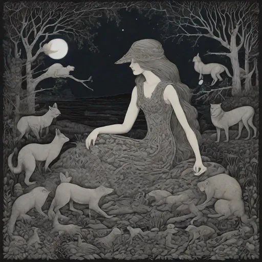 Prompt: She is a night girl with night animals style of Nicholas Hughes, Genevieve Godbout, Morris Hirshfield, Robert Gillmor, Amy Giacomelli. Extremely detailed, intricate, beautiful, 3d, high definition 