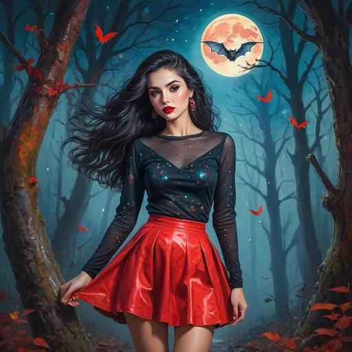 Prompt: Illustrative art, highly creative, Black hair, red lipstick, A beautiful young woman with a perfect looking face, red mini skirt, Long voluminous hair, long sleeves, with colorful sparkles, perfect body, Vivid colors, high quality professional image quality, realistic, pen painting, antique painting, ancient art.Walking on a trail that cuts through an ominous forest.Full moon, fog,owls, bats.Vibrant colors. High resolution.