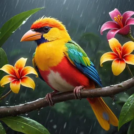 Prompt: Create a Costa Rican the most bright bird in the flowers under the rain