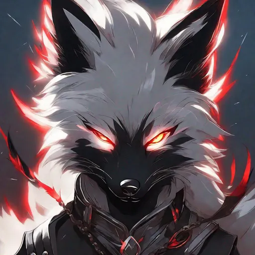 Prompt: young warrior black fox with (solid jet black fur) and {scarlet eyes}, feral, gorgeous anime portrait, 2d cartoon,  lightning element, crackling lightning, beautiful 8k eyes, fine oil painting, intense, wearing shiny bracelet, low angle view, (unsheathed claws), visible claws, 64k, thick white outlines, fine colored pencil,  head turned toward viewer, hyper detailed, expressive, intense, heroic, friendly, compassionate, brawny, thick billowing mane, fiery colors, psychedelic colors, lightning charged atmosphere, colorful stones, glistening black fur, prowling through a twilight forest,  golden ratio, intricate detailed fur, precise, perfect proportions, vibrant, prowling by a sun-bathed river, hyper detailed, complementary colors, UHD, HDR, top quality artwork, beautiful detailed background, unreal 5, artstaion, deviantart, instagram, professional, masterpiece