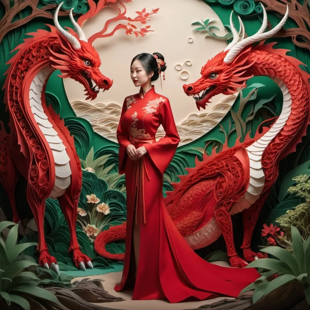 Prompt: A woman in a red dress and a man in a red robe standing next to a dragon, by Lü Ji, amy sol in the style of layered paper art, style of paper quilling, background: jungle river, beautiful intricate masterpiece, silk flowing in wind, carved wood, beautiful as the moon, anthropomorphic female deer, an powerful man in red armor, elegant woman in a dress, naturepunk.
Photorealism. A masterpiece. Close-up, expressive eyes, cinematic lighting, studio shooting, rendering, high detail, medieval style, high contrast, maximum sharp focus, 32K, dimmed light, cinematic poster, digital concept art, saturated colors