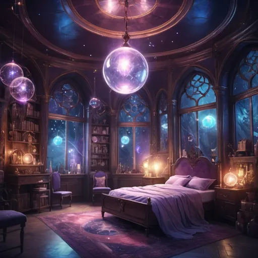 Prompt: beautiful magical room, glimmering light effect, mystical mechanisms, nightcore, cosmic jester, illuminated interior, luminous spheres, wizardcore, in the style of Harry Potter, anna dittmann, wadim kashin