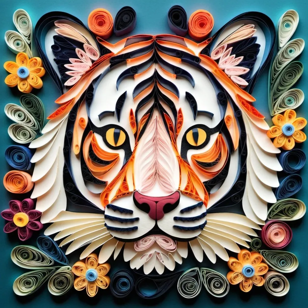 Prompt: Tiger made up of paper quilling collage in jewel tones and soft light with palette strokes and quirky flowers