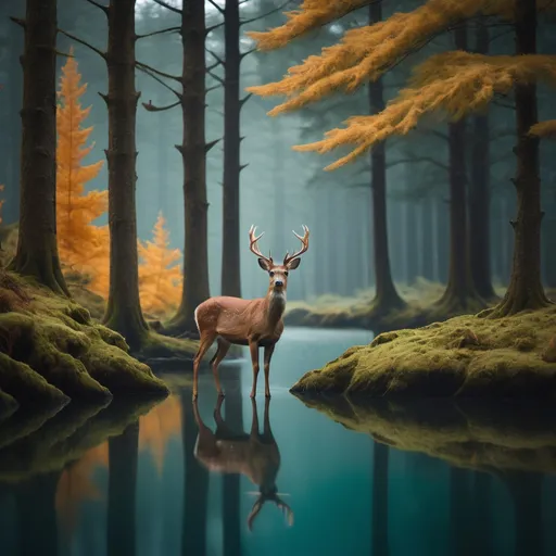Prompt: minimal, cinematic, a deer among the trees, forest lake, moss, cold weather, dark teal and amber, Sony A7 IV