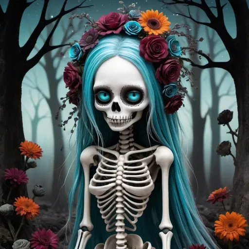 Prompt: Biomechanical Silver-Hair Bioluminescent Boney Beauty Babe by Andy Kehoe and Tim Burton. Skeleton. Bokeh. Day of the Dead. Blooming Bouquet. Breathtaking, bohemian. Bejeweled. Burgundi & Black. Big sad eyes, a tangled silver-hair wearing Victorian-gothic-punk clothes. Vibrant modern medieval scene of spiraling esthetic beauty, abstract art, complementary colors, fine details. Graveyard background. sharp, focused, vibrant, colorful, clear image