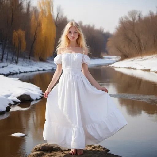 Prompt: Blonde girl in a snow-white dress in a beautiful world around a river with sour cream