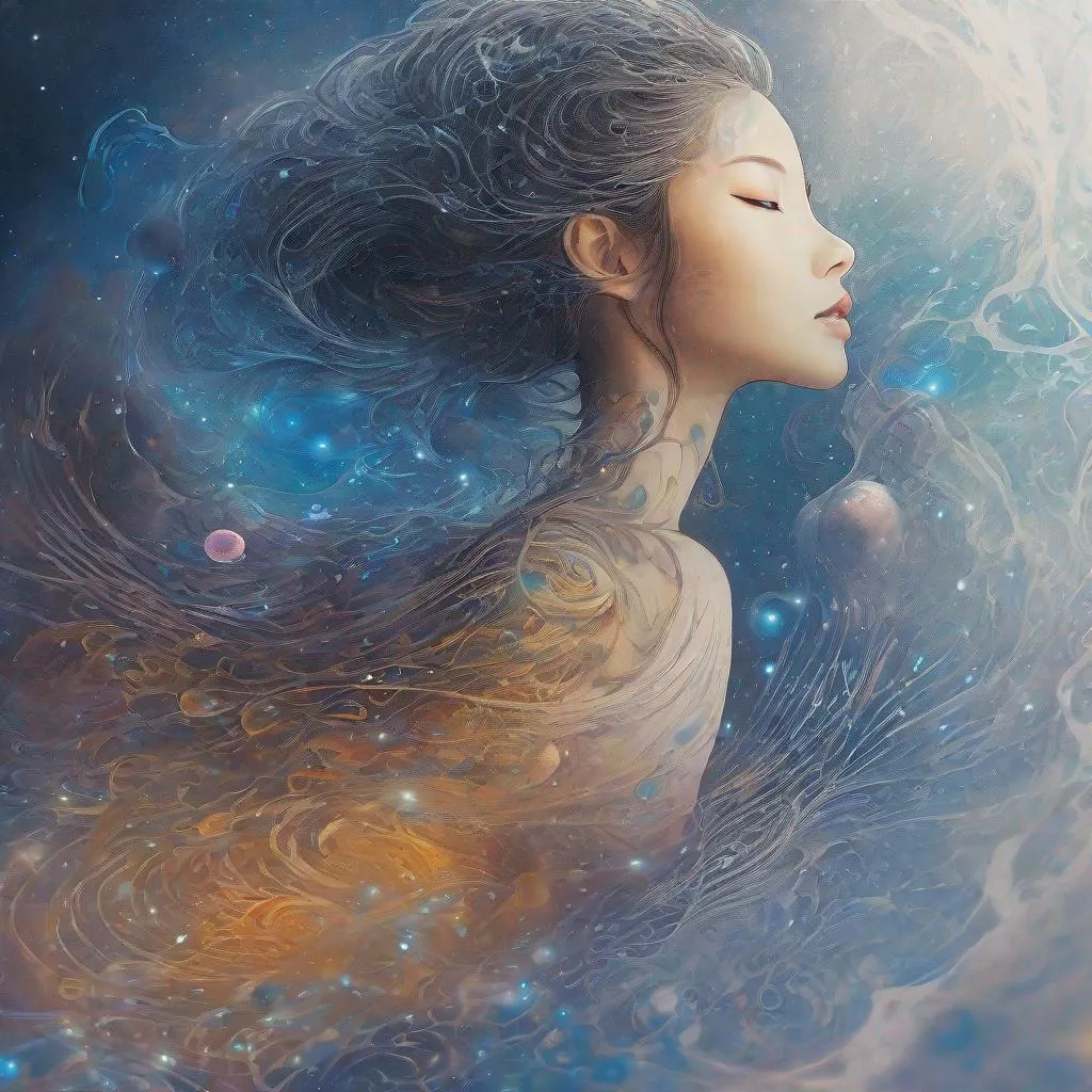 Prompt: She has a cosmic aura radiating with gentle light flow, by TanvirTamim, calligraphy, acrylic: chinese ink color art, by greg rutkowski, Might produce some random potatoes when remixed !!, Miki Asai Macro photography, close-up, hyper detailed, trending on artstation, sharp focus, studio photo, intricate details, highly detailed, by greg rutkowski