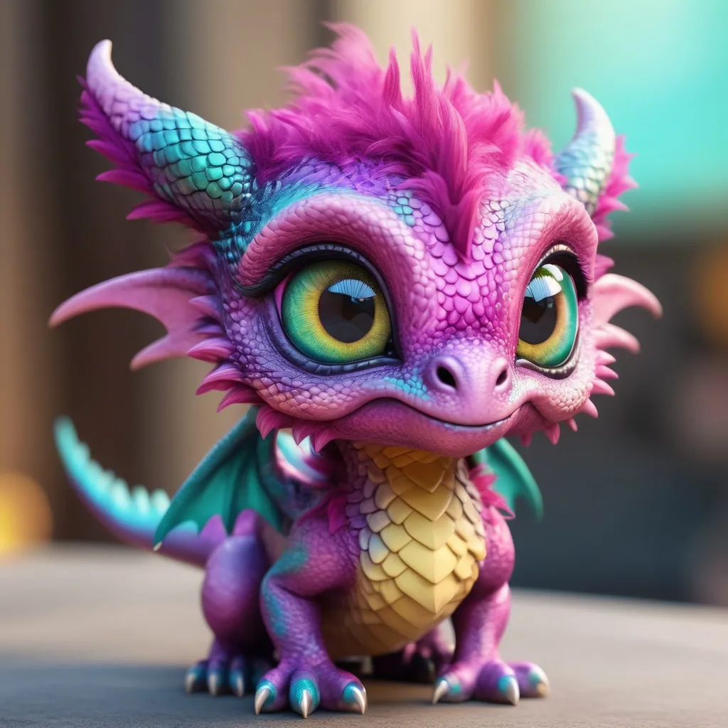 Prompt: an adorable and fluffy baby dragon with big color eyes, with soft feathers and wings, Cute, Colorful magenta aqua gradient fur, giant yellow cute beatiful detailed chibi eyes, cutie, eye contact, 8k, hdr, RAW, hyperrealistic, extremely detailed, sharp focus, natural lighting