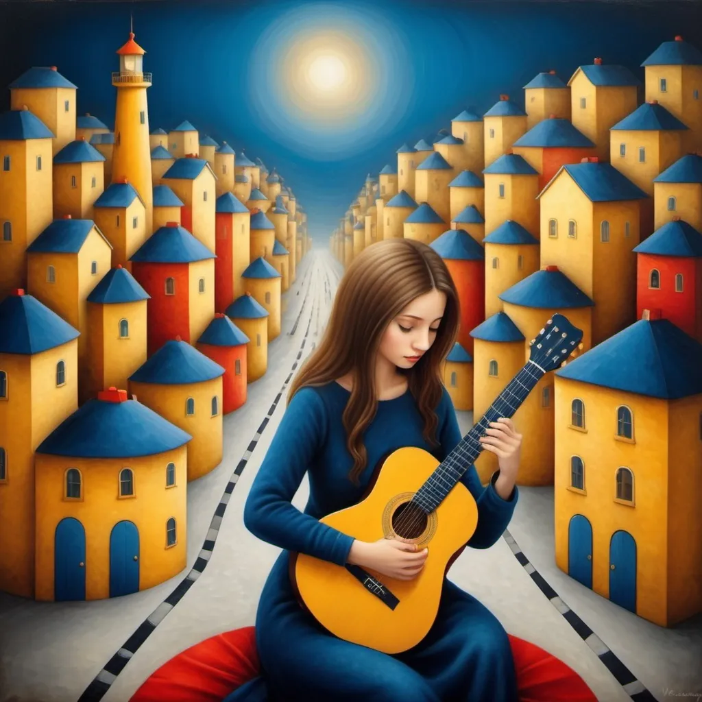 Prompt: woman playing Guitar in a city at early morning , light houses, optical illusions, Fluffy  lines, spin, Woody Portrait painting of bold Gold, dark blue, red, and black, flat and abstract, the style of  Iwona Lifsches style, nicoletta ceccoli style, scratched lines in the background, grunge art, shabby, intricate details, over-detailed, perfect quality, very detailed, 8k, high resolution, minute details, detailed textures, clear focus, ultra-high pixel detail, sophisticated, high-quality, incredibly detailed, masterpiece, over-detailed, professional photography, extreme zoom, ultra Blur.
By: Mohammad Eldesouky