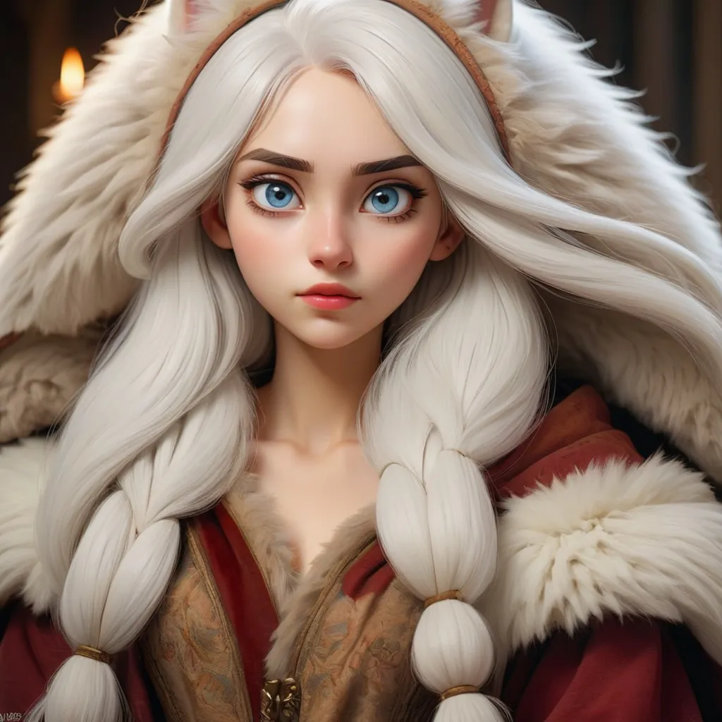 Prompt: beautiful 20 year old women with white hair, white eyebrows, light skin, realistic, ultrarealistic, high quality art, bright eyes, long hair, beauty, real, long hair, symmetrical, anime wide eyes, fair, delicate, medieval, wearing a big fur coat 