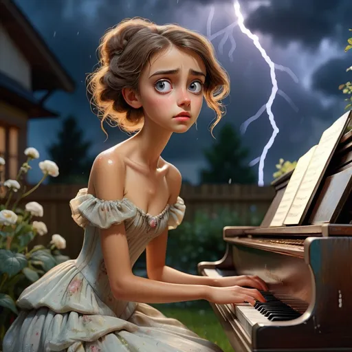 Prompt: Adolf Menzel style, evening old piano in the garden played by a skinny full-length pianist, young insanely beautiful girl in a beautiful evening dress, it's raining with a thunderstorm, good facial features, big expressive eyes, (((good hands)))), insanely beautiful sky, oil painting, heavy strokes, paint stains, volumetric lighting and shading, beautiful detailed complex, insanely detailed concept art, very high quality, super detailed, hyper realistic, natural lighting, RTX, HDR, 8K, TXAA, 3D,