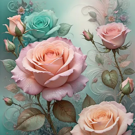 Prompt: Whimsical fantasy elegant rose floral botany minimalism with a wave of flowers garden flowing flowers floating in hazy pastel pink, aqua green, pastel apricot, smoke fractal, moody and massively realistic flowers, octane rendering, Josephine wall art, Isabel Menin, Jean, Amy brown --auto --s2