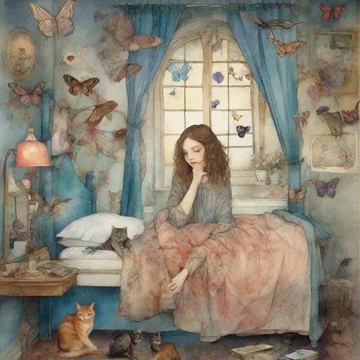 Prompt:  A lovely beautiful girl in magical fantastic bedroom with whimsical animals , cats,  butterflies and art by Florence Harrison, Yulia Brodskaya, catrin Welz Stein, Rosalba Carriera, pol Ledent, Doug Chinnery, Maud Lewis, Valerie Hegarty, Endre Penovac, Justin Gaffrey. inlay, watercolors and ink, beautiful, fantastic view, extremely detailed, intricate, best quality, highest definition, rich colours. intricate beautiful dynamic lighting award winning fantastic view ultra detailed 4K 3D high definition hdr 