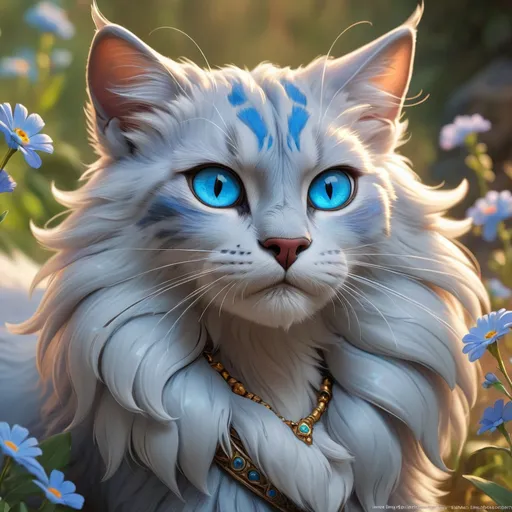 Prompt: warrior cat with {silver-blue fur} and {crystal blue eyes}, senior she-cat, Erin Hunter, gorgeous anime portrait, beautiful cartoon, 2d cartoon, beautiful 8k eyes, elegant {blue fur}, pronounced scar on chest, fine oil painting, modest, gazing at viewer, beaming blue eyes, worm's eye view, frosted flowers, zoomed out view of character, wears a bracelet, 64k, hyper detailed, expressive, timid, graceful, beautiful, expansive silky mane, golden ratio, precise, perfect proportions, vibrant, tanning by a sun-bathed river, hyper detailed, complementary colors, UHD, HDR, top quality artwork, beautiful detailed background, unreal 5, artstaion, deviantart, instagram, professional, masterpiece