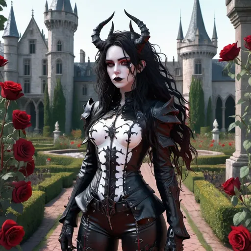 Prompt: Full body shot, digital art of a white goth girl with long black messy wavy hair, perfect face, with horns, red irises, wearing a dark leather armor, in front of a gothic castle rose garden, realistic. covered with complex random glitch art