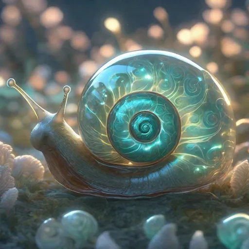 Prompt: Transparent glass snail-shell filled with bioluminescent fractal plants, opalescent, luminous, highly detailed digital art rendering, magical, ethereal, mystical, ambient lighting, 3D visualization by Greg Rutkowsky and Peter Mohrbacher, 4k resolution