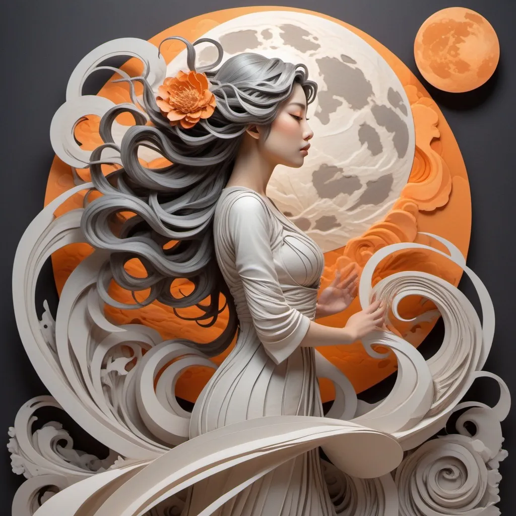 Prompt: A woman with long swirling hair standing in front of a full moon, artgerm and ben lo and mucha, orange clouds, female water elemental, lots of swirling, grey and orange, paper relief sculpture, inspired by Luo Mu, detailed dress and face, featured art, android mystic, painting of a woman in the style of paper art, 