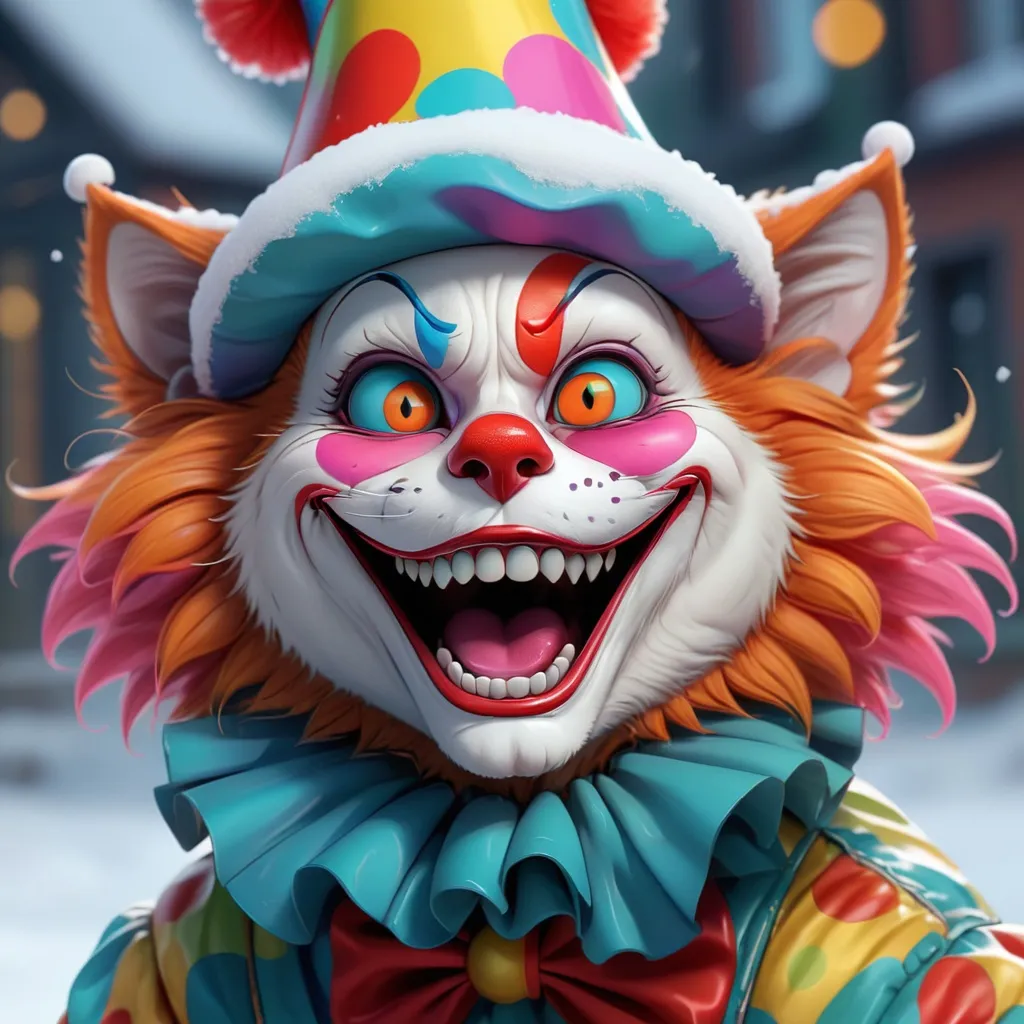 Prompt: Clown cat, happy new year vibes, style by loish, holiday, snow, ultra hd, realistic, vivid colors, highly detailed, UHD drawing, pen and ink, perfect composition, beautiful detailed intricate insanely detailed octane render trending on artstation, 8k artistic photography, photorealistic concept art, soft natural volumetric cinematic perfect light