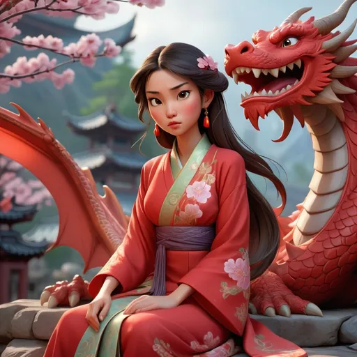 Prompt: gorgeous oriental woman in national clothes sitting next to a big dragon creature, red dress, tender beautiful face, cute face, dark hair, detailed skin, watercolor, stunning, historical clothes, stunning oriental clothes, national clothes, mid shot, oriental town, blowing sakura, tender cozy lightning, beautiful, cute, detailed face, 3dart, pixar trend, best quality, unreal engine, cozy lighting, intricate details, detailed drawing, atmospheric, best quality, unreal engine, cozy lighting, detailed digital painting, cinematic, hyper realistic, trending on artstation, aesthetic, inspirational, cartoon, illustration, deviantart