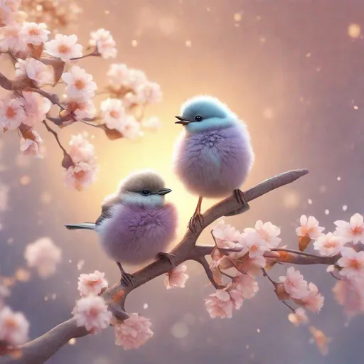 Prompt: A cute baby birds sitting on a branch of a tree, with soft color winter flowers winter landscape surrounding the tree, (Sun up above lightening up yard) extremely detailed, soft colors, 3d render, photo, wildlife photography, vibrant