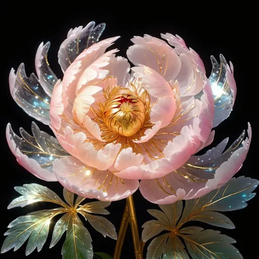 Prompt: an_intricate_close_up_of_a_single_glowing_glittering_gleaming_shimmering_luminous_vibrant_crystal_ice peony, delicate_pertals_unfurling!! with_a_gilt_edged_crystal_leaves_and_stem!! digital art ::  maximallism :: hyper-realistic!! isometric :: enchanted glowing ice peony, warm star light, twinkling stars, golden hour, delicate, maximalist, vivid colors, beautiful, intricate, glowing, ornate, sparkles, sparkling,  dreamy, Heavenly, Divine, Angelic,