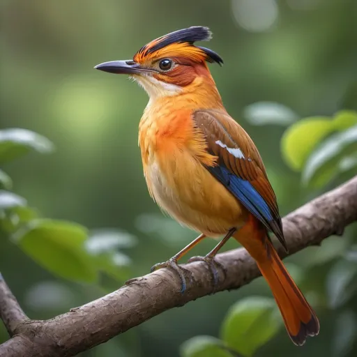 Prompt: Highly detailed of Amazonian Royal Flycatcher bird,DSLR,pretty eyes,ultra-fine detailed,masterpiece,epic,natural lighting,forest background,full of plans,cloudy,blue sky,little bit foggy,aesthetic,ilustration,dynamic potrait,2D,golden hour,UHD,HDR,