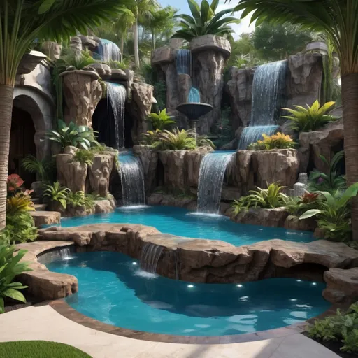 Prompt: Huge backyard grotto swimming pool with waterfall designed by Lucas Lagoons, large pool, intricate details, like you'd see in a millionaires backyard, lounge area, entertainment area, realistic, hyper realistic, 8k, cinematic, super detailed