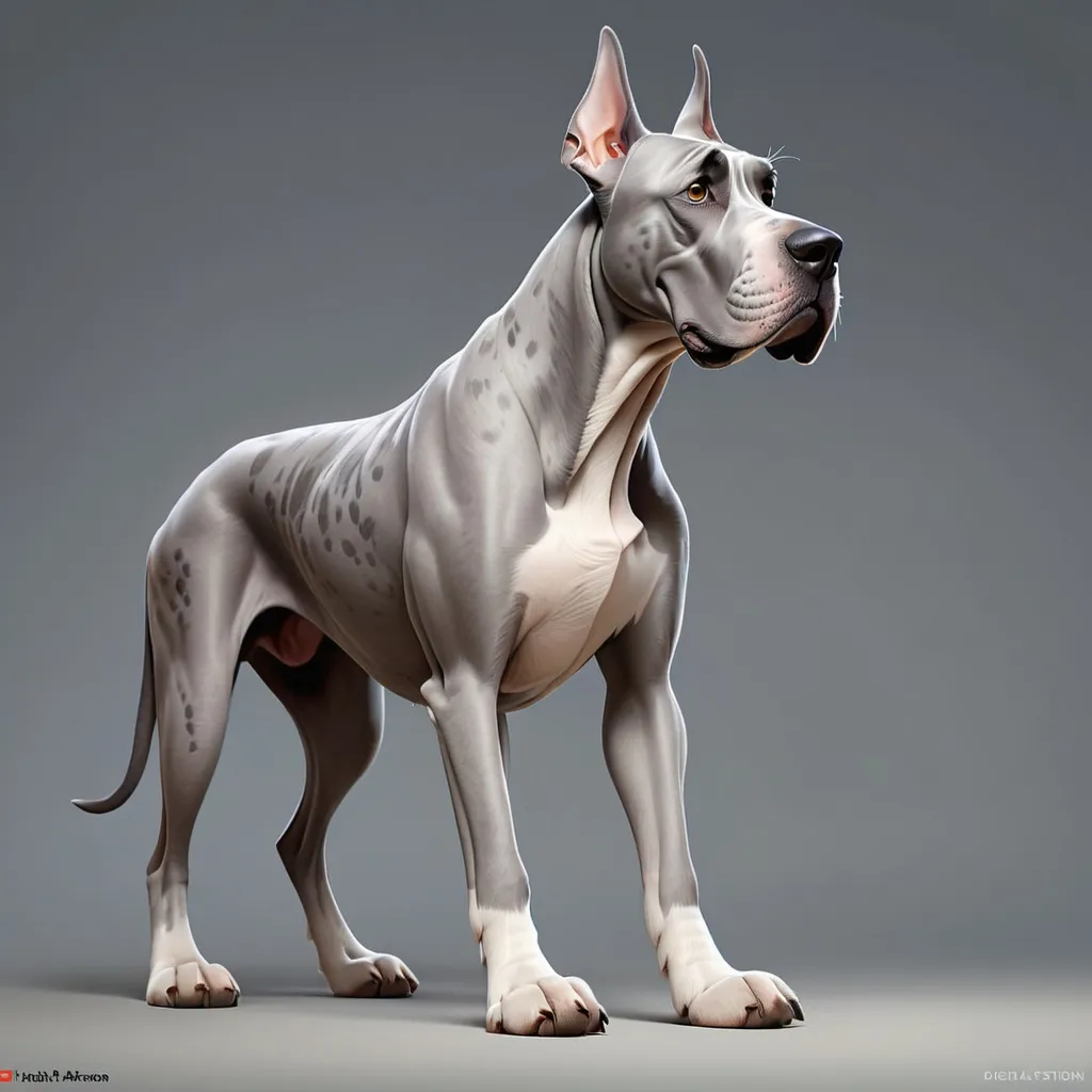 Prompt: Highly realistic side view of a walking grey Great dane, Pixar style, digital art, trending on art station