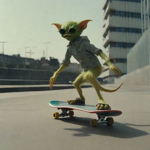 Prompt: Leica portrait of a gremlin skateboarding, coded patterns, sparse and simple, uhd image, urbancore, sovietwave, period snapshot