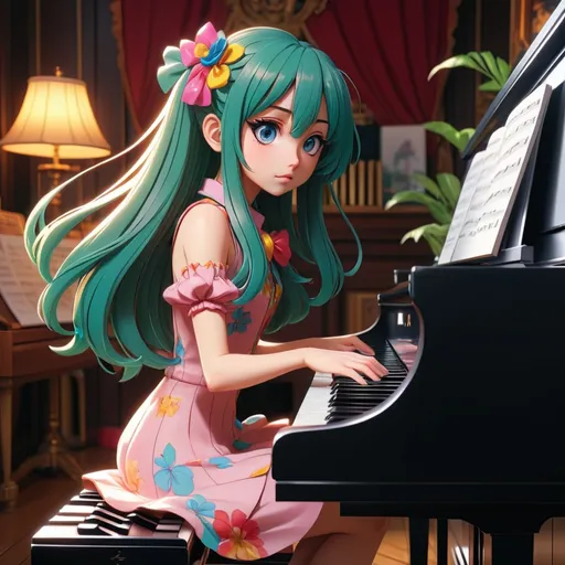 Prompt: anime girl playing piano. maximalist anime style. 8k aesthetic.