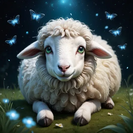Prompt: A hyper-realistic digital artwork of an adorable cute sheep lying on the ground, looking directly at the viewer with big and blue, expressive eyes. The fur of the sheep is dense and textured, with each hair finely detailed and shimmering with tiny fireflies under a dimly lit night sky. Sakura petals fall around it, adding to the magical, serene atmosphere. The scene is set on a rough textured surface that resembles the wood. The color palette is dominated by shades of green and grey, emphasizing a chilly, enchanting ambiance