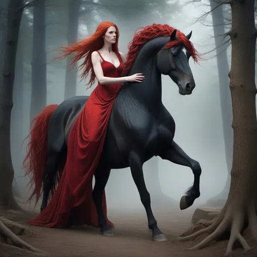 Prompt: The entity, similar to a fairy, lives in rocky mountains, by riverbanks, desolate places, and stables. It has backward feet, takes on the form of a witch, with tangled and matted red hair, typically wearing a long red dress, and is depicted braiding a majestic, frightening, strong and huge black horse's tail.