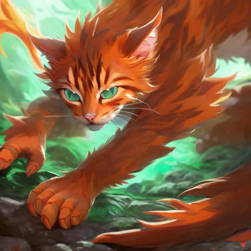 Prompt: warrior cat with {fiery orange fur} and bright green eyes, young male cat, epic anime portrait, beautiful 8k eyes, fine oil painting, intense, lunging at viewer, wearing shiny bracelet, solid red belly, worm's eye view, zoomed out view of character,  (unsheathed claws), visible claws, 64k, hyper detailed, expressive, intense, hissing cat, aggressive, intelligent, lithe, small, covered in scratches and scars, thick billowing mane, glistening golden fur, golden ratio, precise, perfect proportions, vibrant, prowling by a sun-bathed river, hyper detailed, dynamic, complementary colors, UHD, HDR, top quality artwork, beautiful detailed background, unreal 5, artstaion, deviantart, instagram, professional, masterpiece