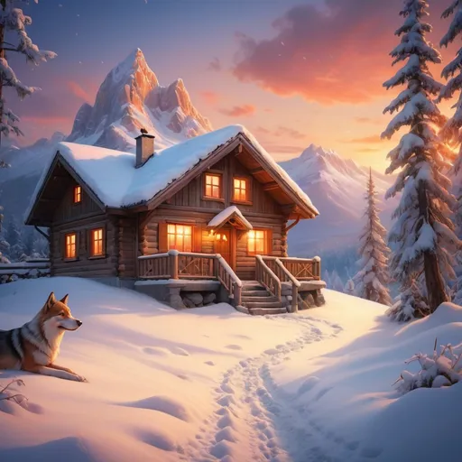 Prompt: Romantic winter landscape with snow, snowy forest, cozy cabin, warm glowing lights, snow-covered mountains, vibrant sunset, high quality, realistic, winter scenery, detailed snowflakes, peaceful atmosphere, professional, 1000x800 pixels, snowy landscape, cozy cabin, warm lighting, vibrant sunset, detailed snow, realistic, romantic atmosphere
On the picture will be inscription "Veselé vianoce a šťastný nový rok
Mária"

