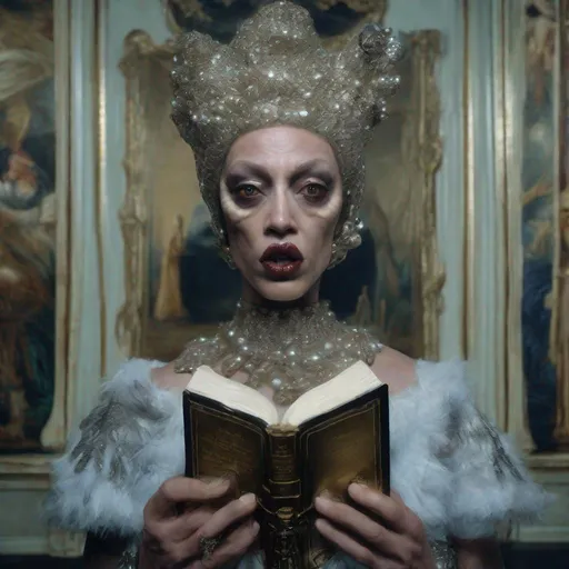 Prompt: photorealism, an anthropomorphic lady fishface hybrid creature holding a bible, extremely realistic, sharp details, shot by Steven Klein and Nan Goldin, intricately detailed background, photorealism, insanely detailed face, perfect pupils, expressive eyes, ambient lighting, intricately detailed location, HD, 8k