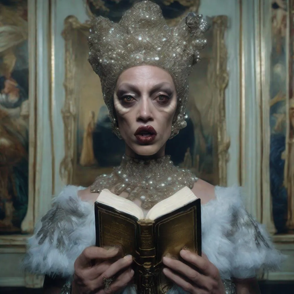 Prompt: photorealism, an anthropomorphic lady fishface hybrid creature holding a bible, extremely realistic, sharp details, shot by Steven Klein and Nan Goldin, intricately detailed background, photorealism, insanely detailed face, perfect pupils, expressive eyes, ambient lighting, intricately detailed location, HD, 8k
