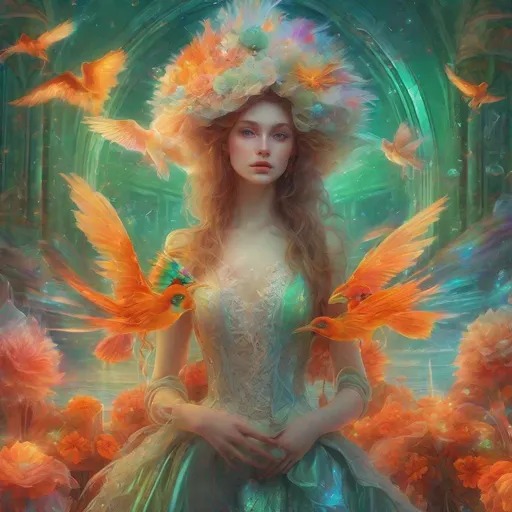 Prompt: ice girl illustration Cyberpunk green-orange-red wide-brimmed. All the mirror feathers on the flowers. Glare and reflection.

Seashore, glass, rainbow-pastel rococo, Aivazovsky. Magic bird flying, magic, flickering on background, fairy tale, sparks, lights, glitter, hyperrealism, hyperdetailing, professional photo.