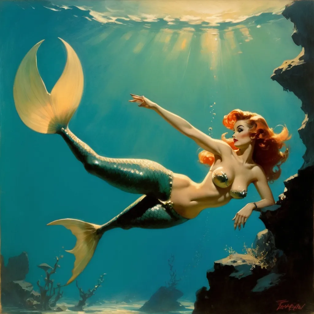 Prompt: painting of a mermaid by Frank Frazetta and Gil Elvgren.