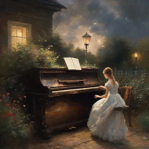 Prompt: Adolf Menzel style, evening old piano in the garden played by a skinny full-length pianist, young insanely beautiful girl in a beautiful evening dress, it's raining with a thunderstorm, good facial features, big expressive eyes, (((good hands)))), insanely beautiful sky, oil painting, heavy strokes, paint stains, volumetric lighting and shading, beautiful detailed complex, insanely detailed concept art, very high quality, super detailed, hyper realistic, natural lighting, RTX, HDR, 8K, TXAA, 3D,