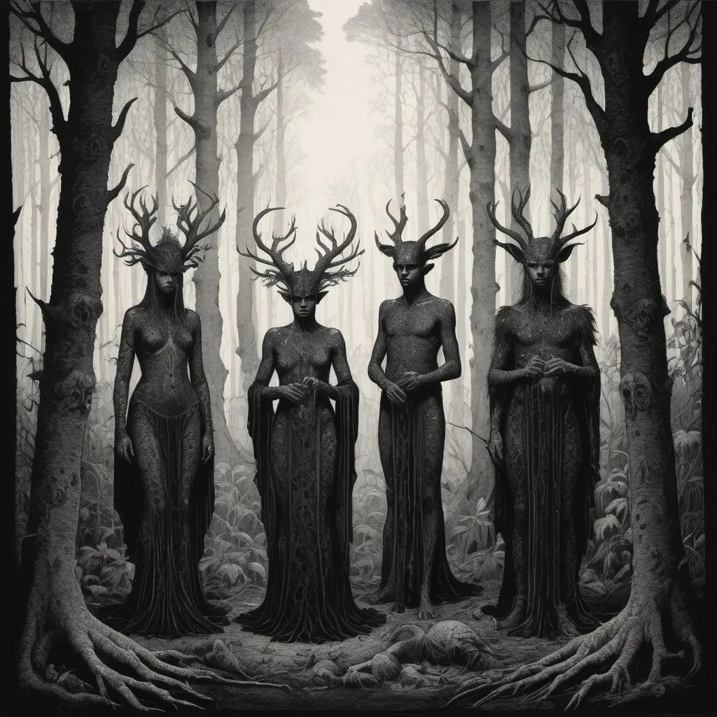 Prompt: an engraving of Musicians standing in the woods, in the style of dark fantasy creatures, ingrid baars, dan hillier, alexandre benois, light black, chilling creatures, dense compositions 