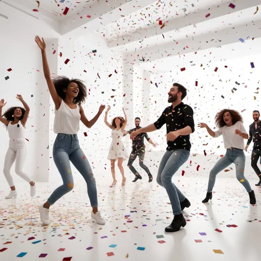 Prompt: Confetti falling on animated people that are dancing in a white empty room 