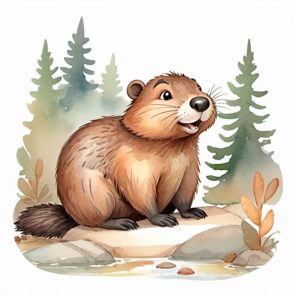 Prompt: strybk, strybk, cute beaver tail showing, kids story book style, muted colors, watercolor style, kids story book style, muted colors, watercolor style