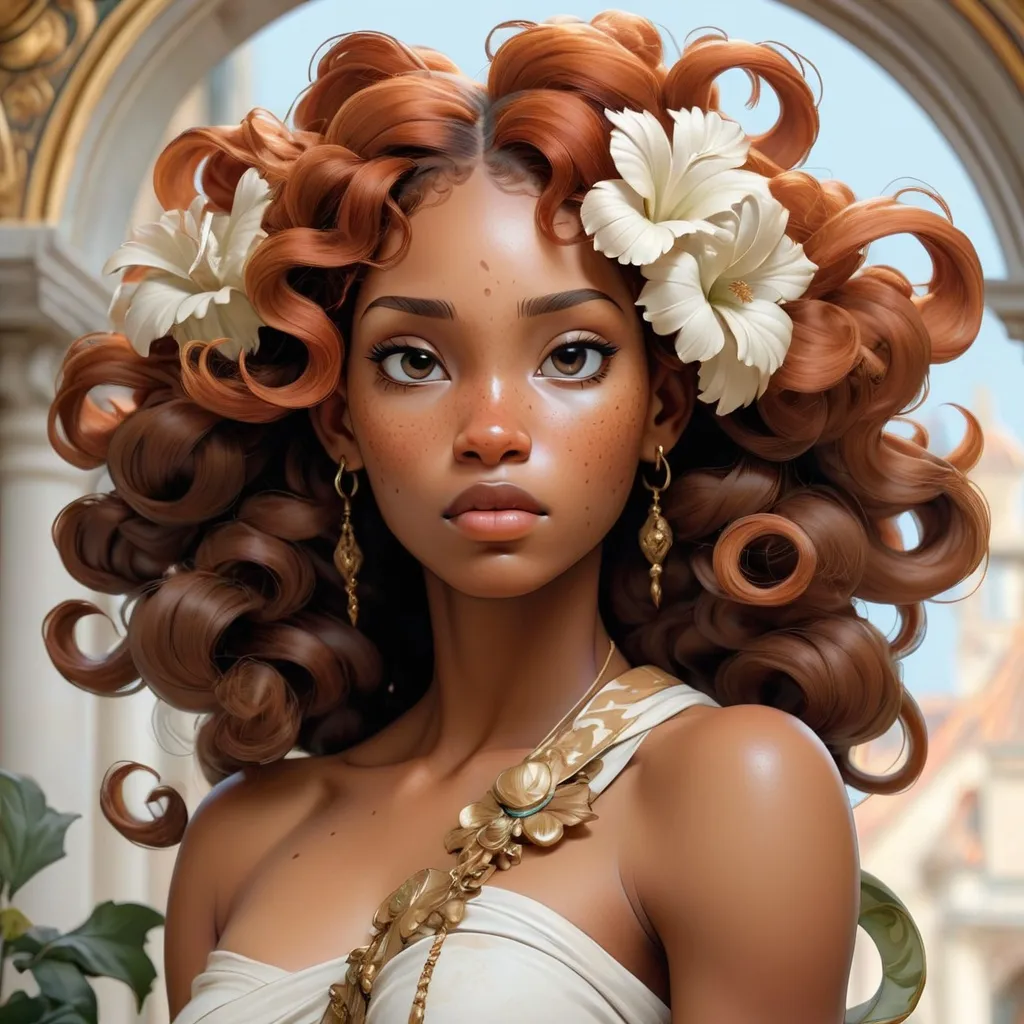 Prompt: Breathtaking baroque young black woman and freckles, intricate white tattoos beauty, full head, acanthus scroll, Painted by artgerm, Alphonse Mucha, Akihiko yoshida, sakimichan, krenz cushart, low angle shot, digital painting