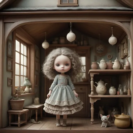 Prompt: By Nicoletta Ceccoli and Jean-Baptiste Monge style, a cute doll inside a dollhouse, Amazing and beautiful creation, muted colors , lots of details, very odd, strange, different, perfect, award winning art, highly detailed environment, 8k, characters and elements of the scenery entirely within the frame of the image, detailed realization, definition high quality, trending on artstation, sharp focus, studio photo, intricate details, highly detailed, kids story book style, , kids story book style, muted colors, watercolor style,  award winning artwork, perfection , 8k, octane render, unreal engine, ultra hd, realistic, vivid colors, highly detailed, UHD drawing, pen and ink, perfect composition, beautiful detailed intricate insanely detailed octane render trending on artstation, 8k artistic photography, photorealistic concept art, soft natural volumetric cinematic perfect light