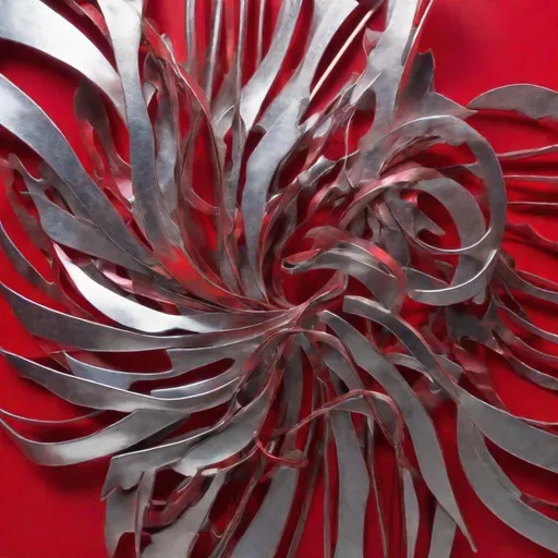 Prompt: abstract metal  tabletop sculpture, red and silver, bright solid colored background