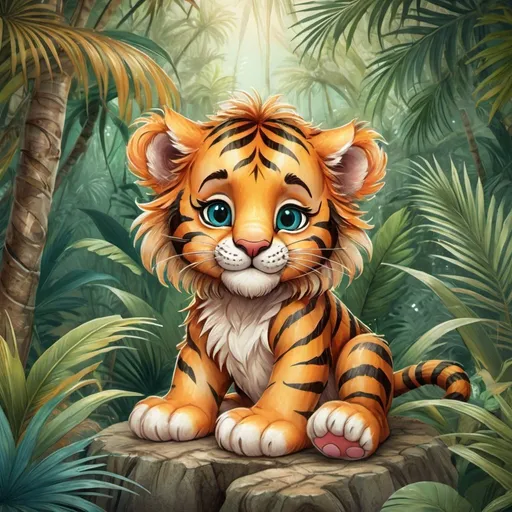 Prompt: Baby tiger, fluffy fur, portrayed in a charming, fantastical style reminiscent of the Jungle Book, surrounded by Mowgli and a lush jungle setting complete with palm trees and hanging coconuts, illustrated in the whimsical art style of Sarah Kay, with vibrant, perfect colors, designed as an 8k digital painting kit, ultra-clear, highly detailed, perfect lion cub portrayal.