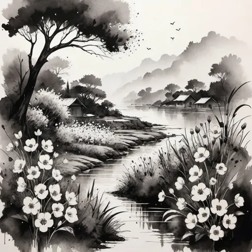 Prompt: A beautiful painting of ink flowers drawing scenery.