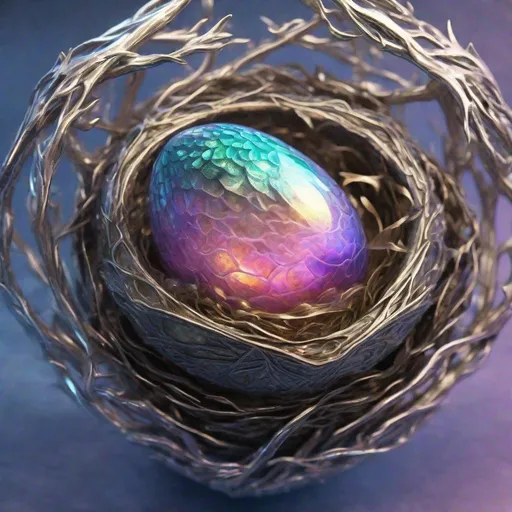 Prompt: a dragon's egg in a crystal nest, iridescent light, ultra-detailed, mythical, 